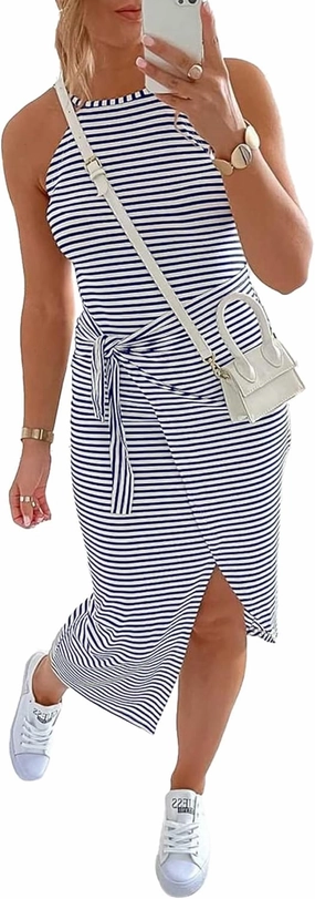 NOLLSOM Women Casual Sleeveless Striped Tank Midi Dresses Halter Neck Ruched Bodycon Dresses Tie Waist T Shirt Summer Dress
