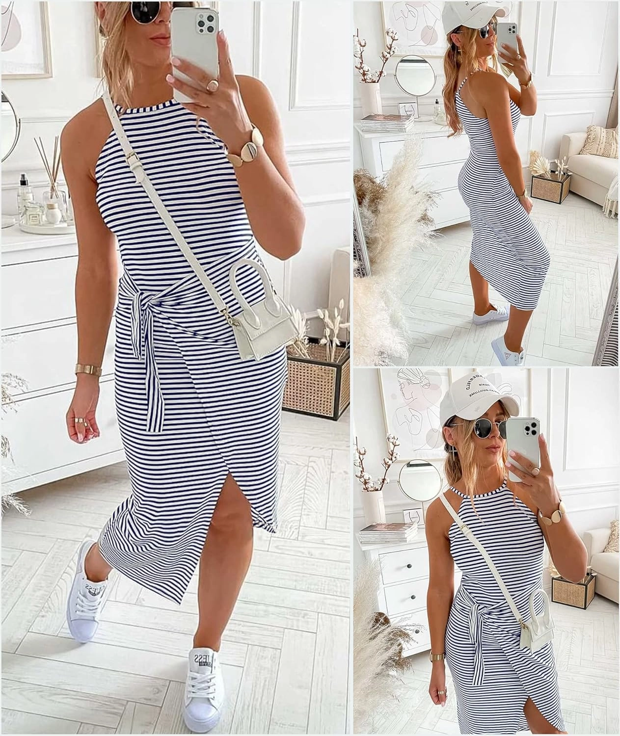 NOLLSOM Women Casual Sleeveless Striped Tank Midi Dresses Halter Neck Ruched Bodycon Dresses Tie Waist T Shirt Summer Dress