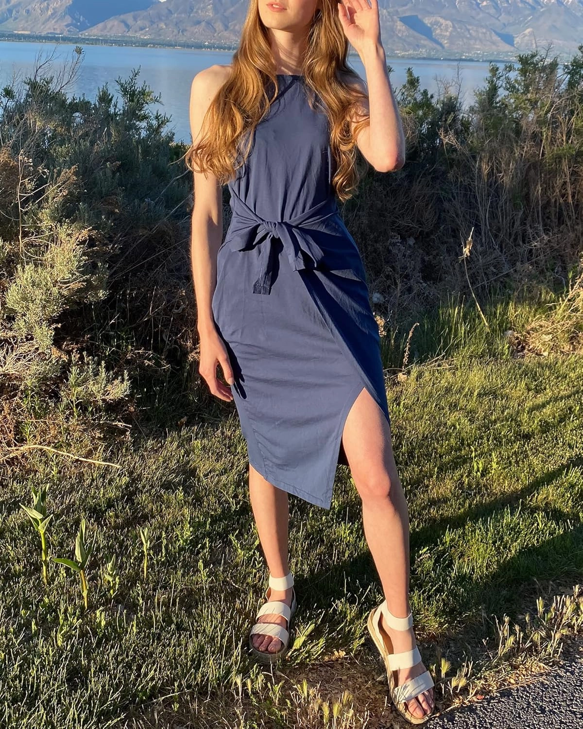 NOLLSOM Women Casual Sleeveless Striped Tank Midi Dresses Halter Neck Ruched Bodycon Dresses Tie Waist T Shirt Summer Dress
