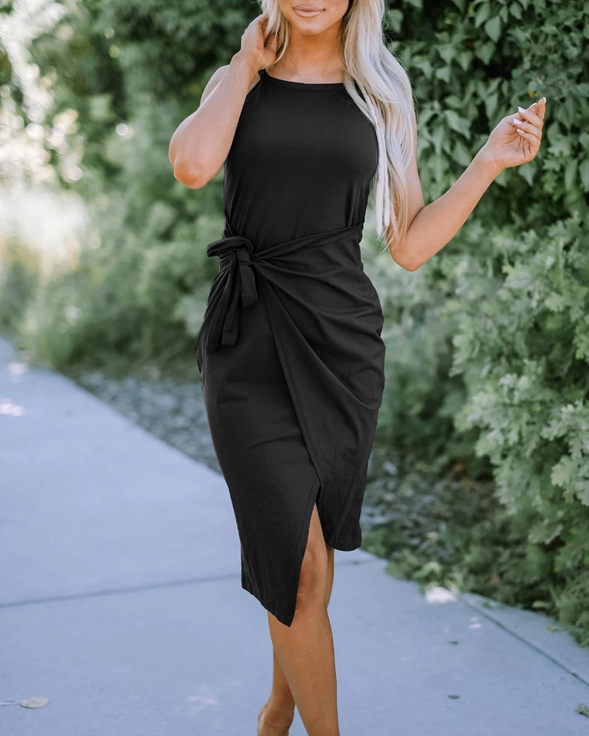 NOLLSOM Women Casual Sleeveless Striped Tank Midi Dresses Halter Neck Ruched Bodycon Dresses Tie Waist T Shirt Summer Dress