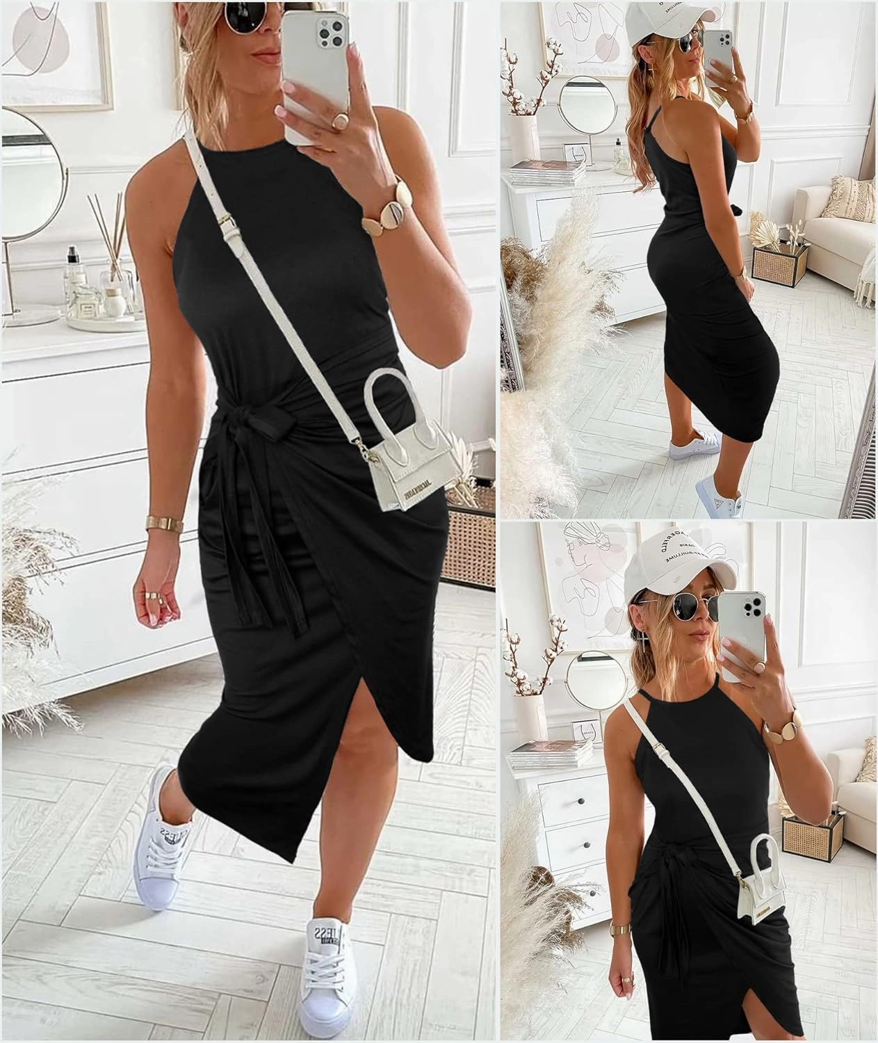 NOLLSOM Women Casual Sleeveless Striped Tank Midi Dresses Halter Neck Ruched Bodycon Dresses Tie Waist T Shirt Summer Dress