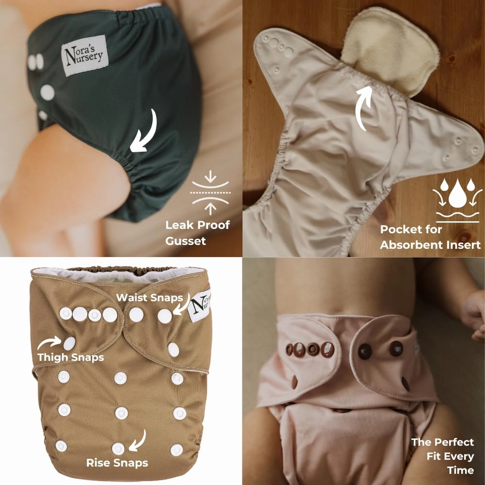 Nora's Nursery Cloth Pocket Diapers 4 Pack with 4 Inserts - Waterproof Cover, Washable, Reusable & One Size Adjustable Pocket Diapers for Newborns and Toddlers - The Bee's Knees