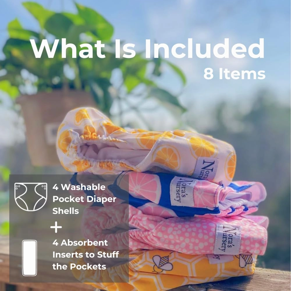 Nora's Nursery Cloth Pocket Diapers 4 Pack with 4 Inserts - Waterproof Cover, Washable, Reusable & One Size Adjustable Pocket Diapers for Newborns and Toddlers - The Bee's Knees