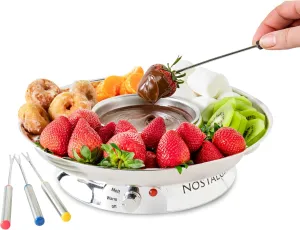 Nostalgia Electric Fondue Pot Set for Chocolate & Cheese-Fondue Kit with Temperature Control Fondue Pot & 4 Dipping Forks, Detachable Tray-Chocolate Fondue Set for Parties, Gifts-Stainless Steel, 10oz