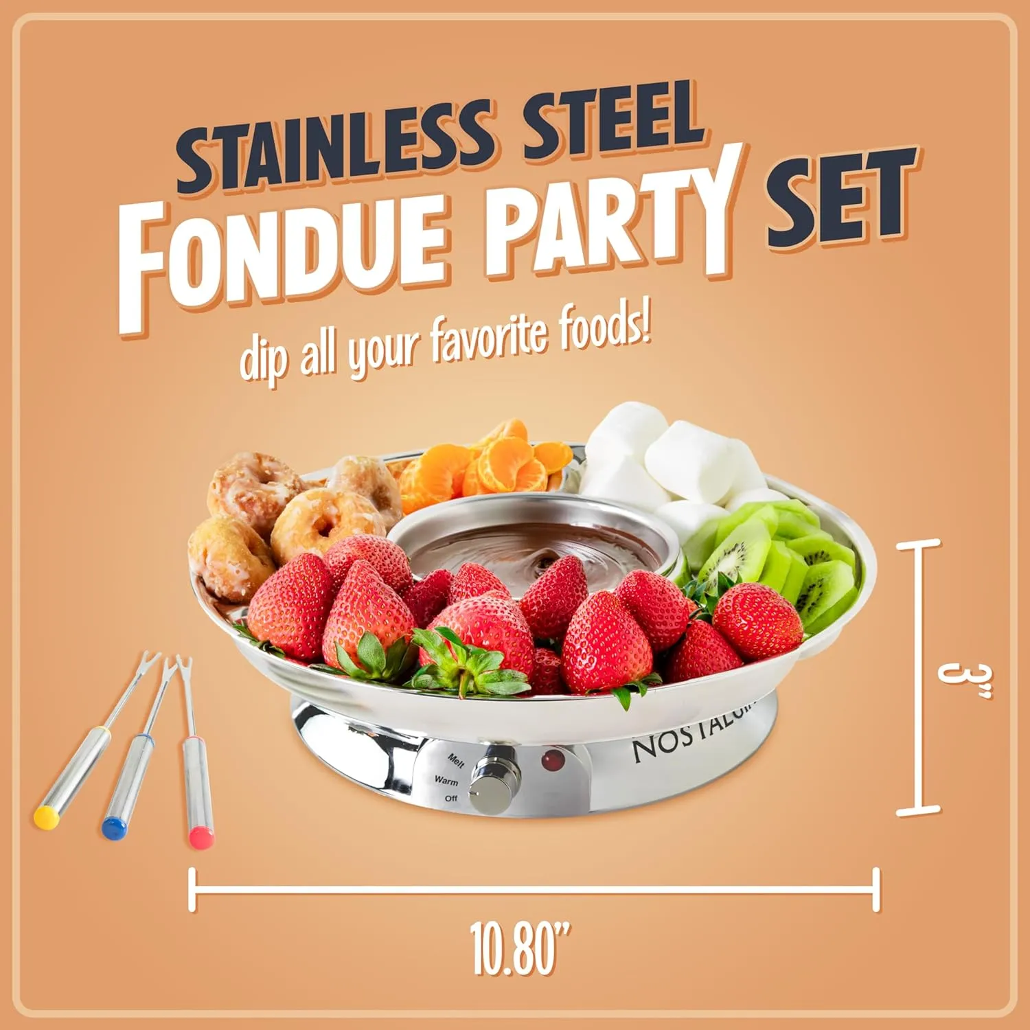 Nostalgia Electric Fondue Pot Set for Chocolate & Cheese-Fondue Kit with Temperature Control Fondue Pot & 4 Dipping Forks, Detachable Tray-Chocolate Fondue Set for Parties, Gifts-Stainless Steel, 10oz