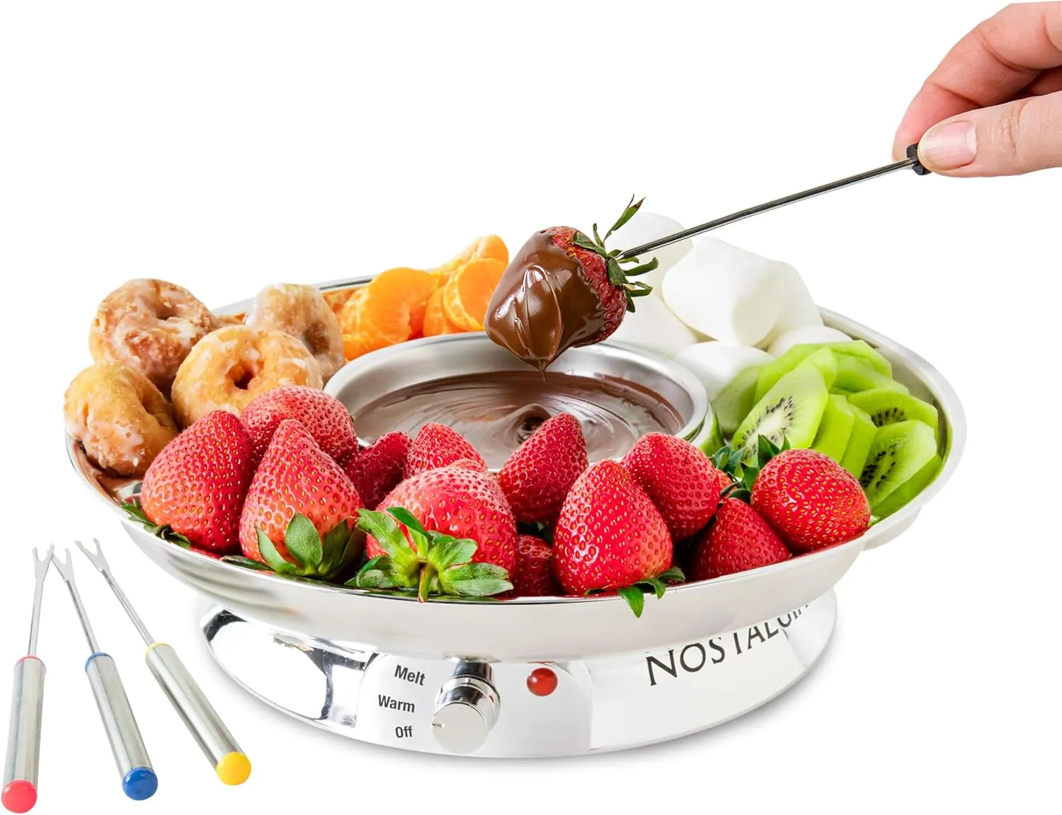 Nostalgia Electric Fondue Pot Set for Chocolate & Cheese-Fondue Kit with Temperature Control Fondue Pot & 4 Dipping Forks, Detachable Tray-Chocolate Fondue Set for Parties, Gifts-Stainless Steel, 10oz