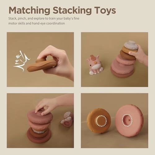 Nueplay 7 Pcs Stacking & Nesting Baby Toys, Squeeze Teething Toys and Building Circle with Pink Horse Figure, Newborn Essentials for 6 12 18 Months Toddler Girls