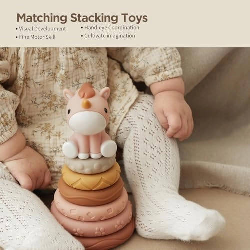 Nueplay 7 Pcs Stacking & Nesting Baby Toys, Squeeze Teething Toys and Building Circle with Pink Horse Figure, Newborn Essentials for 6 12 18 Months Toddler Girls