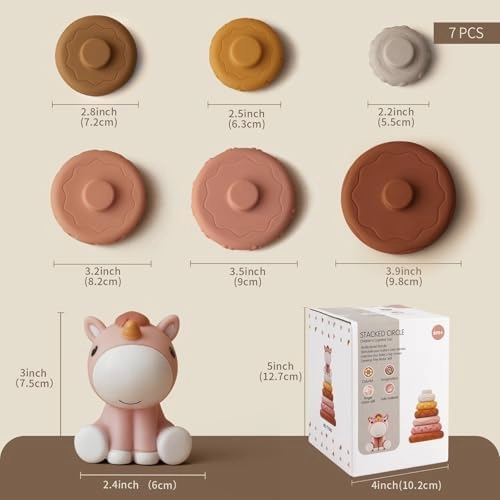 Nueplay 7 Pcs Stacking & Nesting Baby Toys, Squeeze Teething Toys and Building Circle with Pink Horse Figure, Newborn Essentials for 6 12 18 Months Toddler Girls