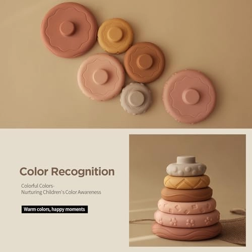 Nueplay 7 Pcs Stacking & Nesting Baby Toys, Squeeze Teething Toys and Building Circle with Pink Horse Figure, Newborn Essentials for 6 12 18 Months Toddler Girls