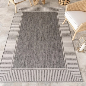 nuLOOM 4' x 6' Outdoor Area Rug, Casual Design with Striped Border, Stain Resistant, Highly Durable, for Patio, Balcony, Bedroom, Living Room, Dining Room, Bathroom, Steel