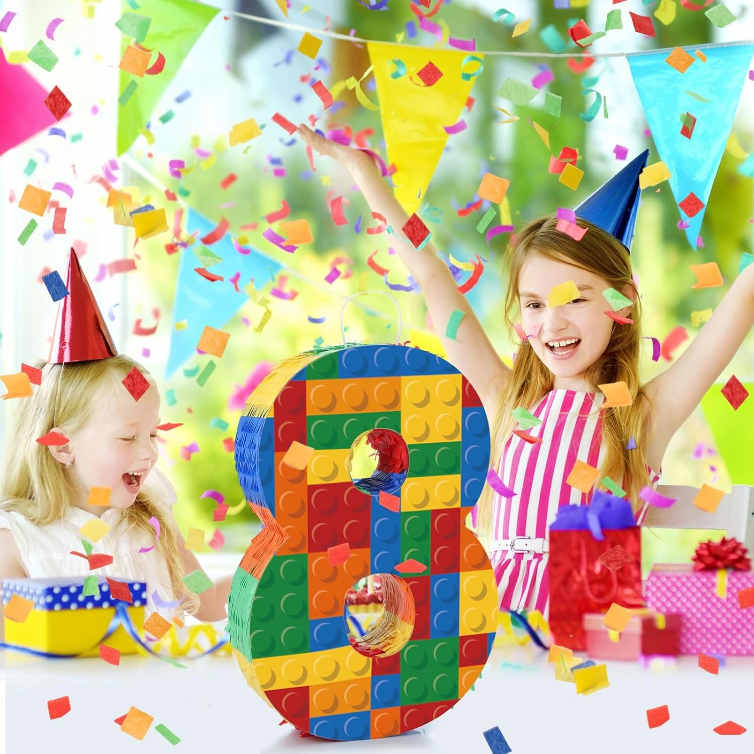 Number 8 Building Blocks Piñata 16.5 Inch Party Supplies 8th Birthday Party Decorations Piñata with Confetti Blocks Theme Fiesta Anniversary Celebration