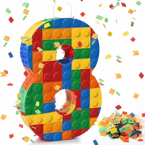 Number 8 Building Blocks Piñata 16.5 Inch Party Supplies 8th Birthday Party Decorations Piñata with Confetti Blocks Theme Fiesta Anniversary Celebration