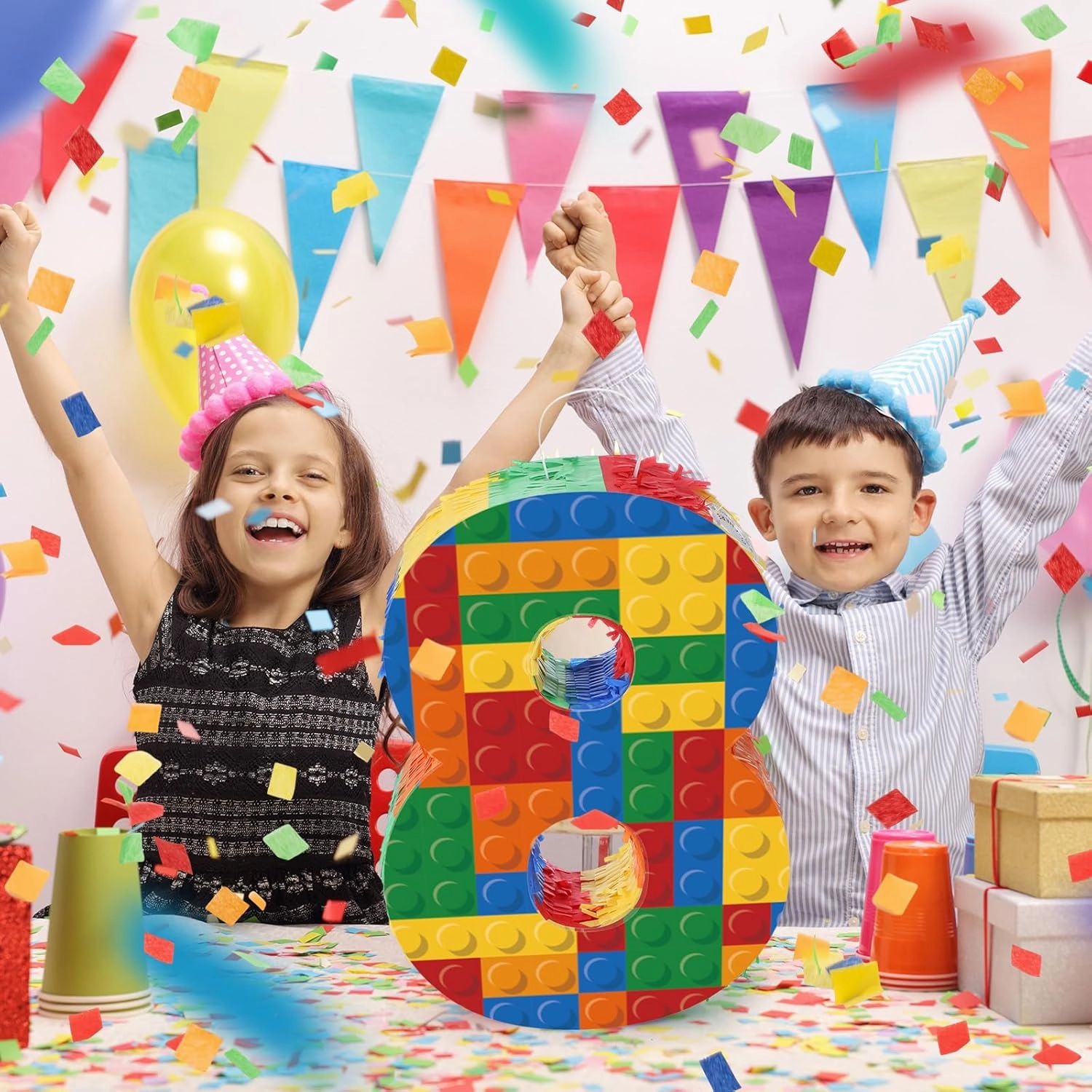 Number 8 Building Blocks Piñata 16.5 Inch Party Supplies 8th Birthday Party Decorations Piñata with Confetti Blocks Theme Fiesta Anniversary Celebration