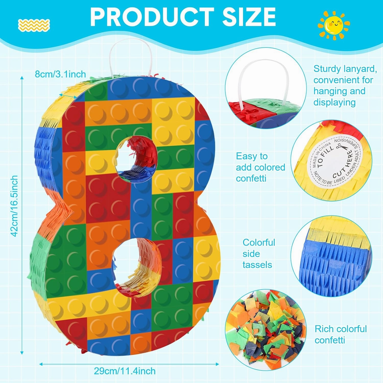 Number 8 Building Blocks Piñata 16.5 Inch Party Supplies 8th Birthday Party Decorations Piñata with Confetti Blocks Theme Fiesta Anniversary Celebration