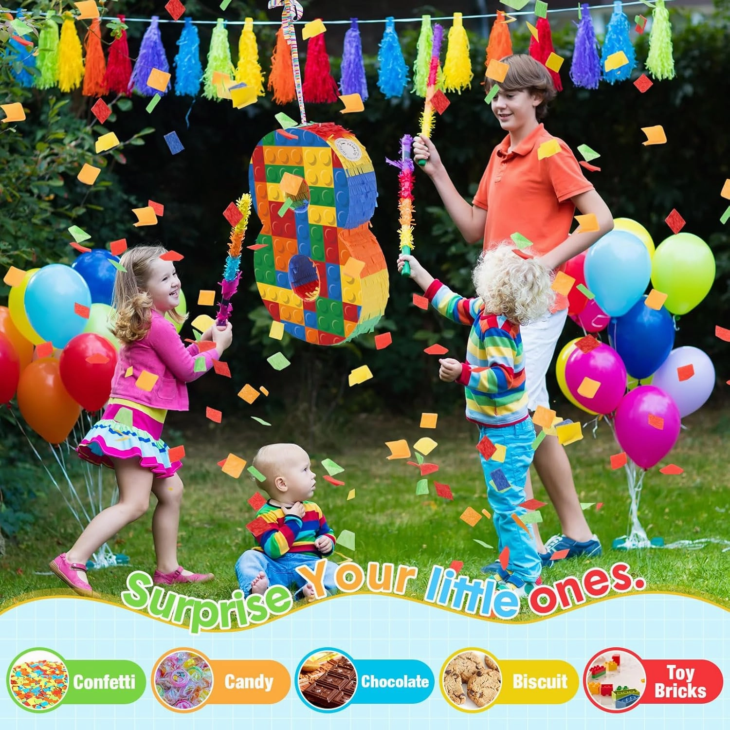Number 8 Building Blocks Piñata 16.5 Inch Party Supplies 8th Birthday Party Decorations Piñata with Confetti Blocks Theme Fiesta Anniversary Celebration