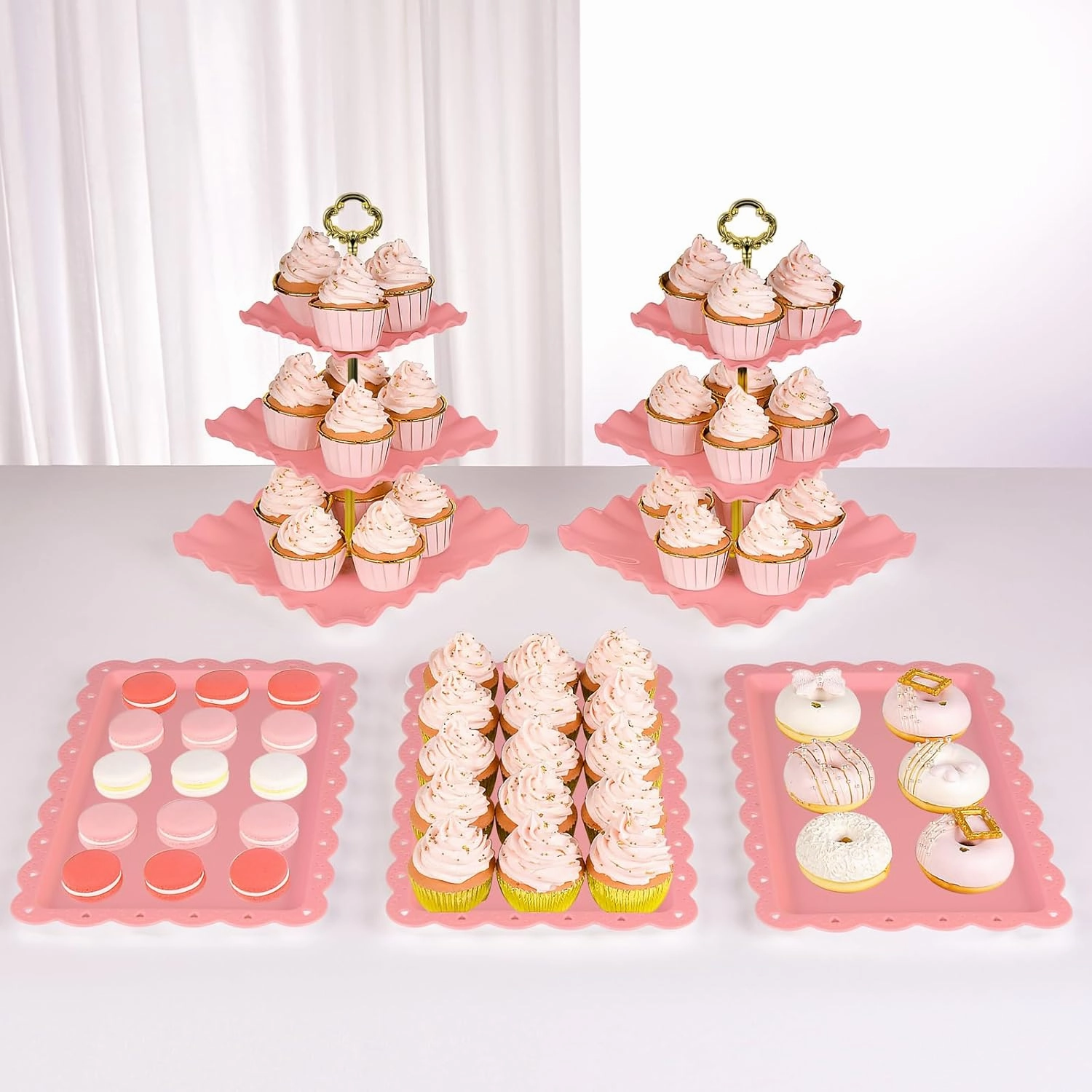 NWK 5 Piece Cake Stand Set with 2 x Large 3-Tier Cupcake Stands, 3 x Appetizer Trays, for Wedding Birthday Baby Shower Tea Party Decorations (Pink)