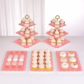 NWK 5 Piece Cake Stand Set with 2 x Large 3-Tier Cupcake Stands, 3 x Appetizer Trays, for Wedding Birthday Baby Shower Tea Party Decorations (Pink)