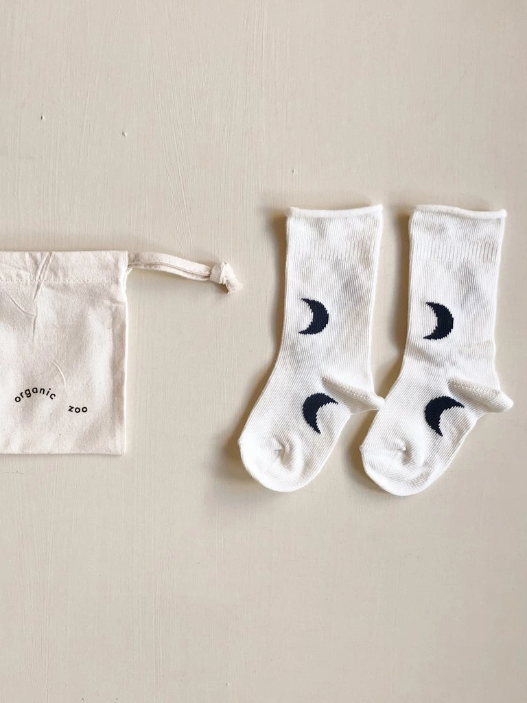 Oat Midnight Socks with Navy Moons