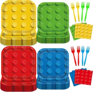 OBUSATT 96PCS Building Block Party Supplies Building Bricks Themed Party Plates and Napkins Colorful Blocks Bricks Square Paper Dinner Desert Plates for Birthday Party Favor Supplies Serve 24 Guests