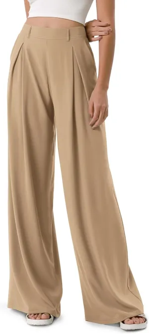 ODODOS Chiffon Flowy Pleated Wide Leg Pants for Women Lightweight High Waist Trouser with Pockets-27/29" /31" Inseam