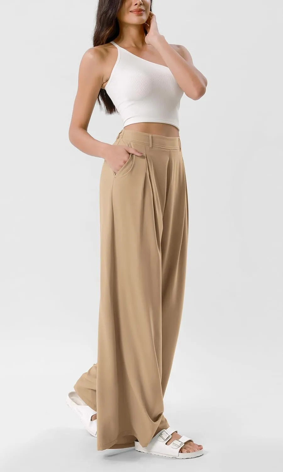 ODODOS Chiffon Flowy Pleated Wide Leg Pants for Women Lightweight High Waist Trouser with Pockets-27/29" /31" Inseam