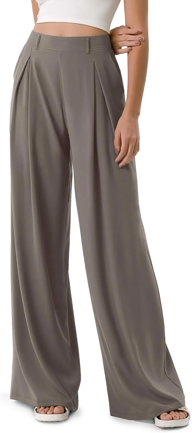 ODODOS Chiffon Flowy Pleated Wide Leg Pants for Women Lightweight High Waist Trouser with Pockets-27/29" /31" Inseam