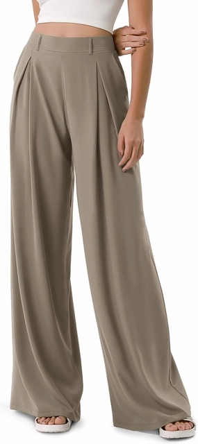 ODODOS Chiffon Flowy Pleated Wide Leg Pants for Women Lightweight High Waist Trouser with Pockets-27/29" /31" Inseam