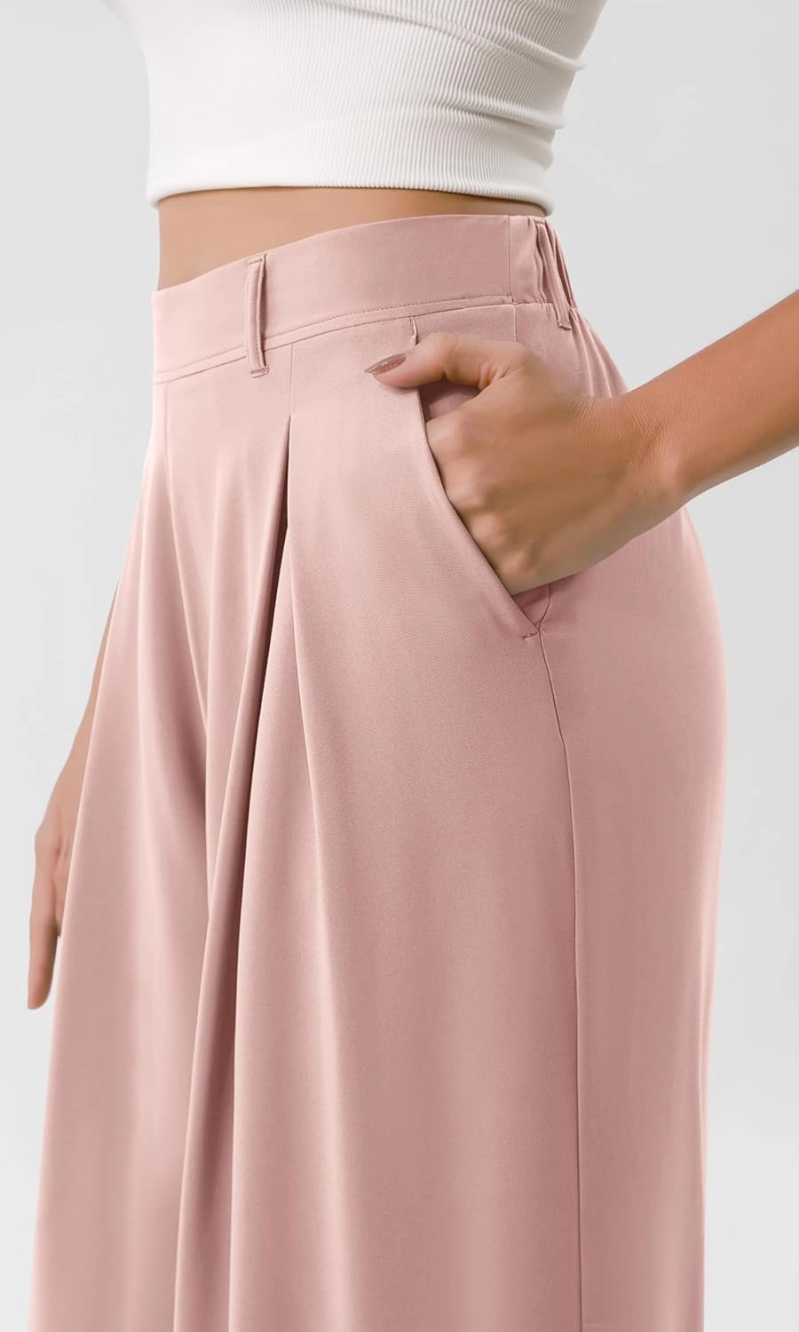 ODODOS Chiffon Flowy Pleated Wide Leg Pants for Women Lightweight High Waist Trouser with Pockets-27/29" /31" Inseam