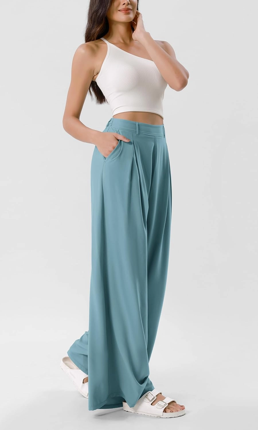 ODODOS Chiffon Flowy Pleated Wide Leg Pants for Women Lightweight High Waist Trouser with Pockets-27/29" /31" Inseam
