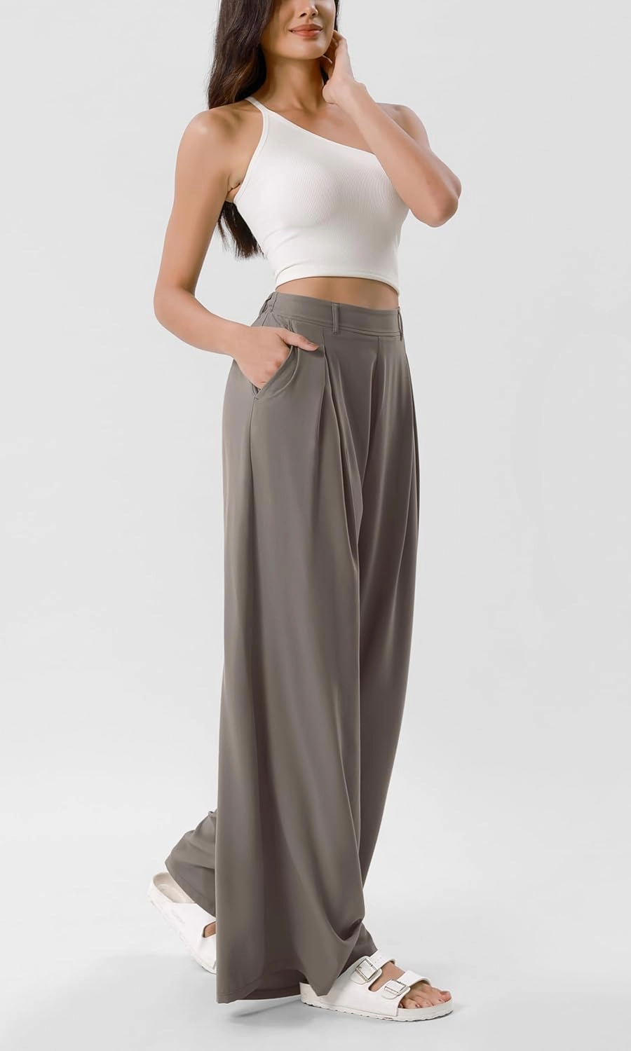 ODODOS Chiffon Flowy Pleated Wide Leg Pants for Women Lightweight High Waist Trouser with Pockets-27/29" /31" Inseam
