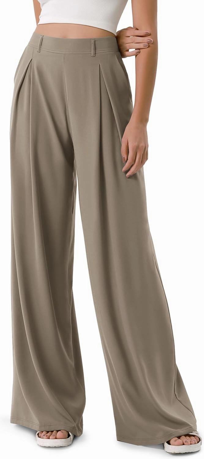 ODODOS Chiffon Flowy Pleated Wide Leg Pants for Women Lightweight High Waist Trouser with Pockets-27/29" /31" Inseam