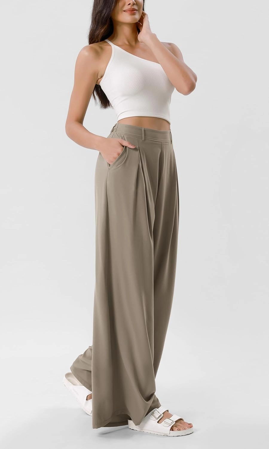 ODODOS Chiffon Flowy Pleated Wide Leg Pants for Women Lightweight High Waist Trouser with Pockets-27/29" /31" Inseam