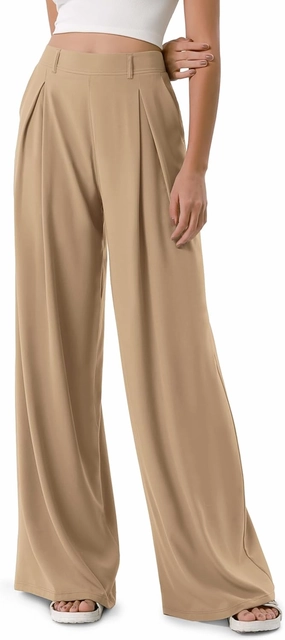 ODODOS Chiffon Flowy Pleated Wide Leg Pants for Women Lightweight High Waist Trouser with Pockets-27/29" /31" Inseam