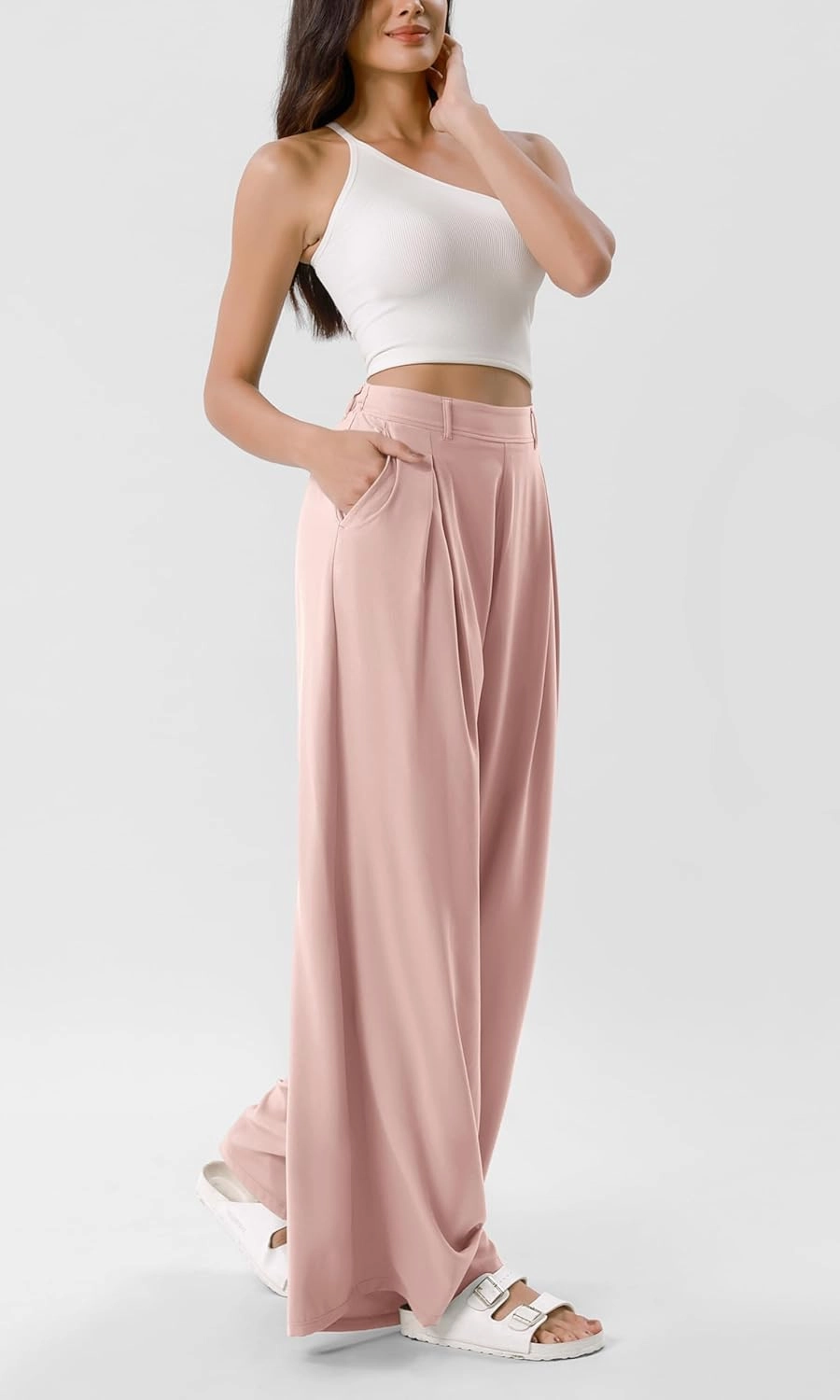 ODODOS Chiffon Flowy Pleated Wide Leg Pants for Women Lightweight High Waist Trouser with Pockets-27/29" /31" Inseam