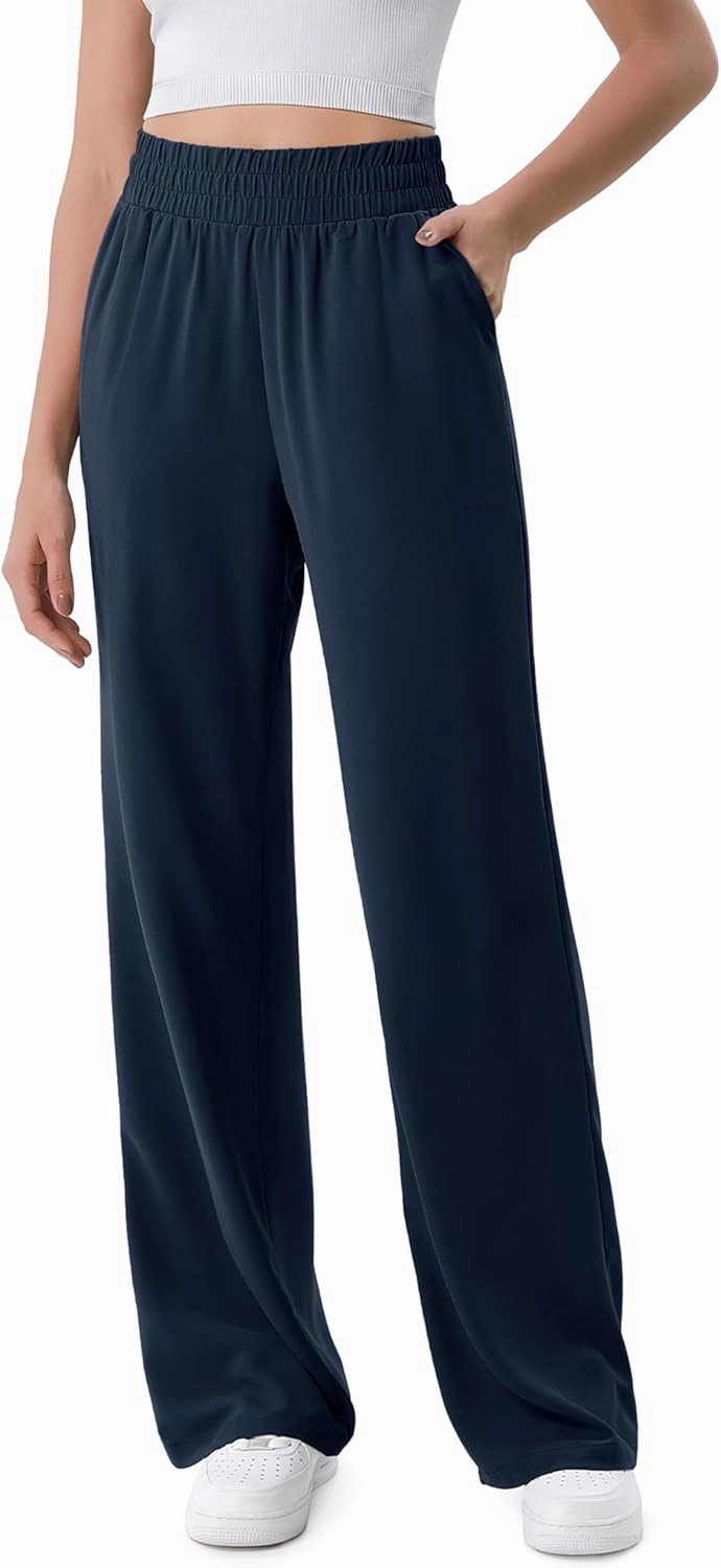 ODODOS Chiffon Flowy Wide Leg Pants for Women Lightweight High Waist Pull-On Pants with Pockets- 27" / 29" /31" Inseam