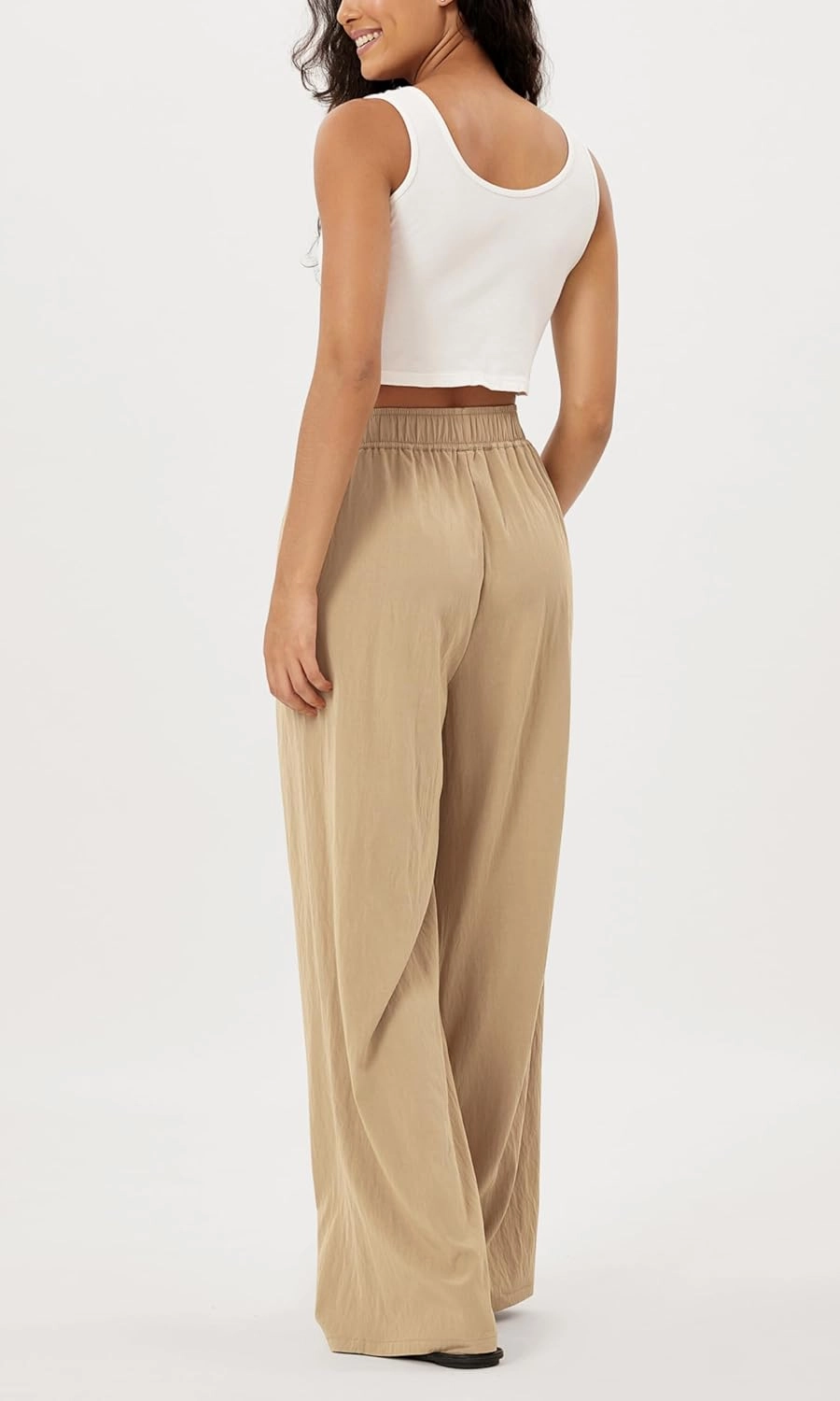 ODODOS Women's Wide Leg Pants with Pockets Crinkle Comfy High Waist Pull-On Lounge Casual Pants