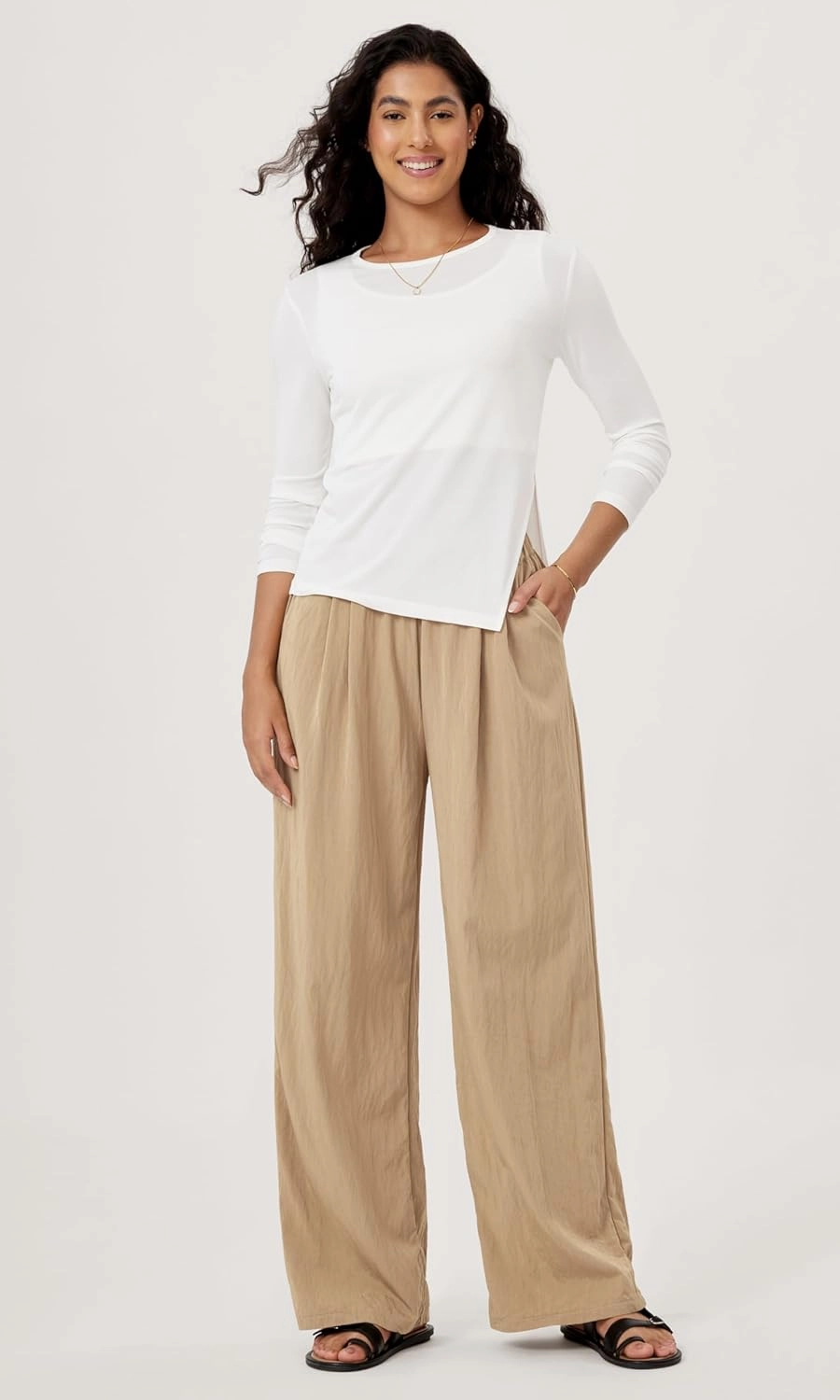 ODODOS Women's Wide Leg Pants with Pockets Crinkle Comfy High Waist Pull-On Lounge Casual Pants
