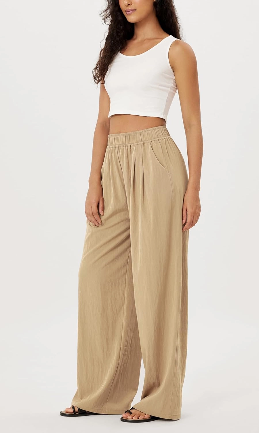 ODODOS Women's Wide Leg Pants with Pockets Crinkle Comfy High Waist Pull-On Lounge Casual Pants