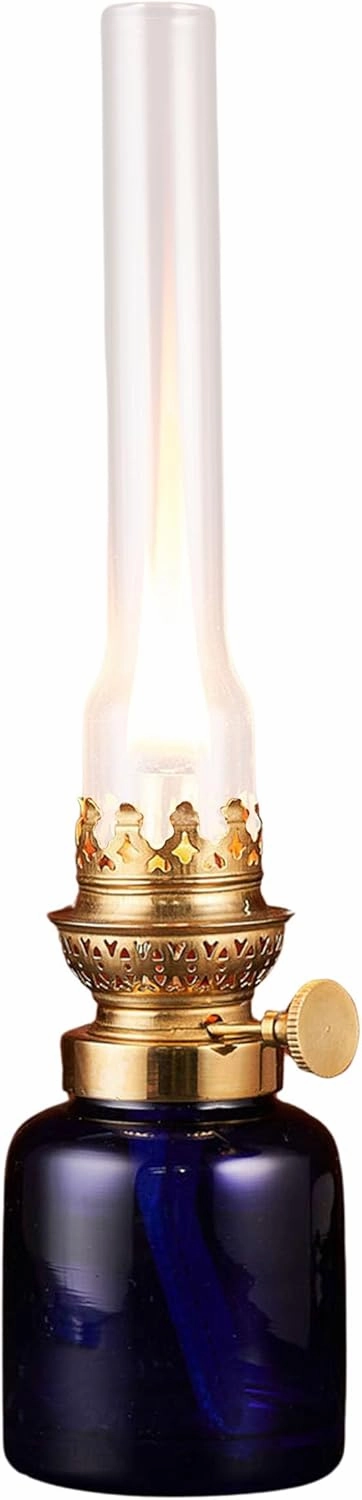 Oil Lamp - 13” Decorative Lamp with Antique-Style Glass Body and Brass Accents - Small Kerosene Lantern with Adjustable Wick - Oil Lanterns for Indoor Use by Kings County Tools (Blue)