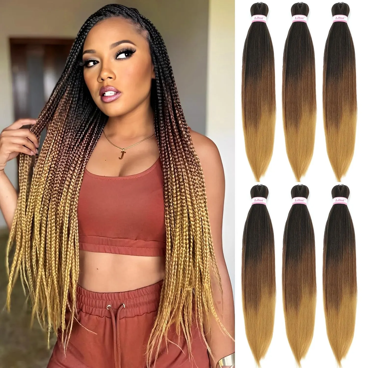Ombre Braiding Hair Pre Stretched 32 Inch 6 Packs Long Braid Hair Prestretched Hair for Braiding Yaki Straight Crochet Braids Hot Water Set Synthetic Extensions(1B/30/27, 6 Packs, 32 Inch)
