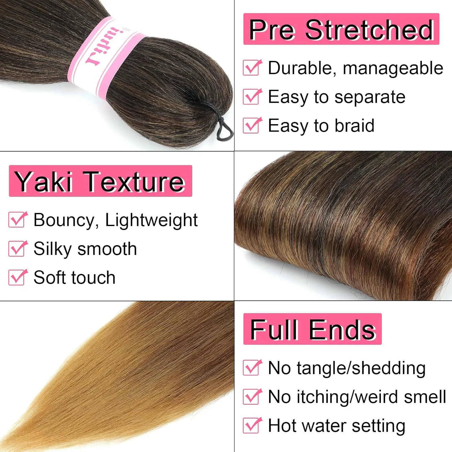 Ombre Braiding Hair Pre Stretched 32 Inch 6 Packs Long Braid Hair Prestretched Hair for Braiding Yaki Straight Crochet Braids Hot Water Set Synthetic Extensions(1B/30/27, 6 Packs, 32 Inch)