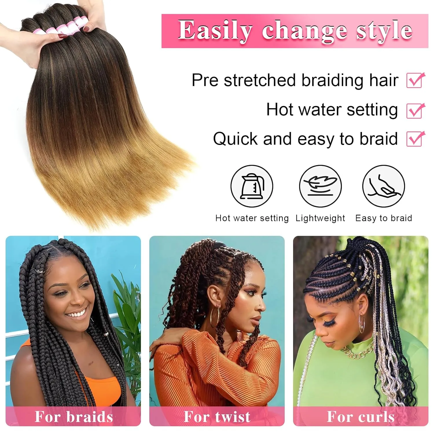 Ombre Braiding Hair Pre Stretched 32 Inch 6 Packs Long Braid Hair Prestretched Hair for Braiding Yaki Straight Crochet Braids Hot Water Set Synthetic Extensions(1B/30/27, 6 Packs, 32 Inch)