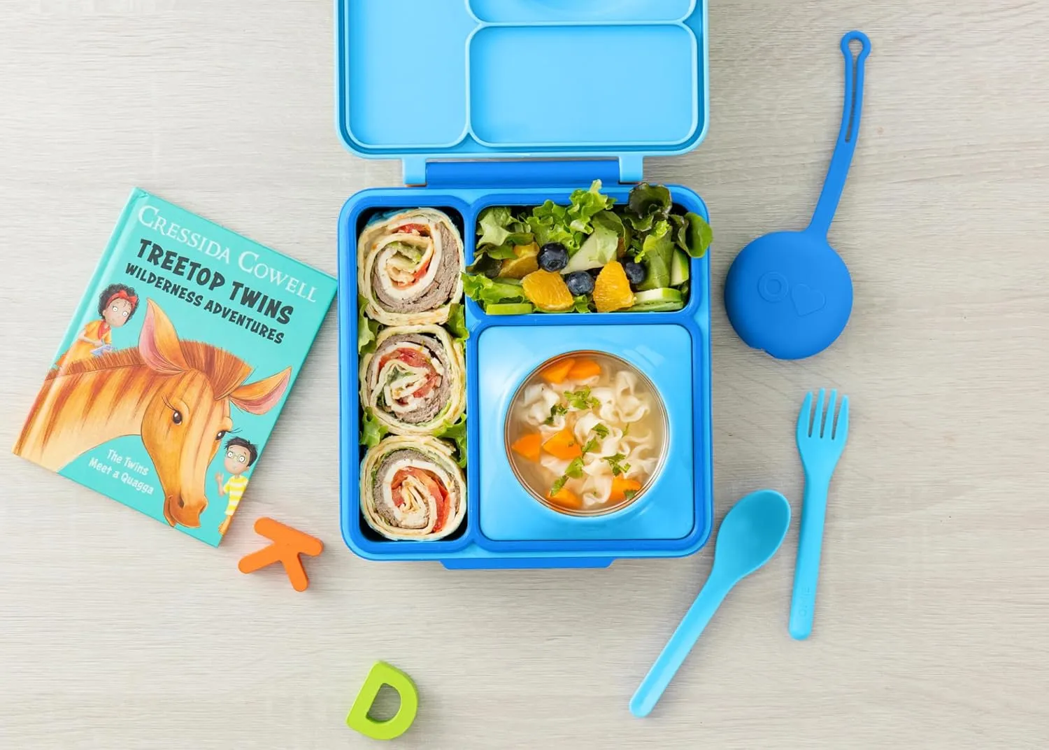 Omie OmieBox Kids Utensils Set with Case - 2 Piece Plastic, Reusable Fork and Spoon Silverware with Pod for Kids (Blue)