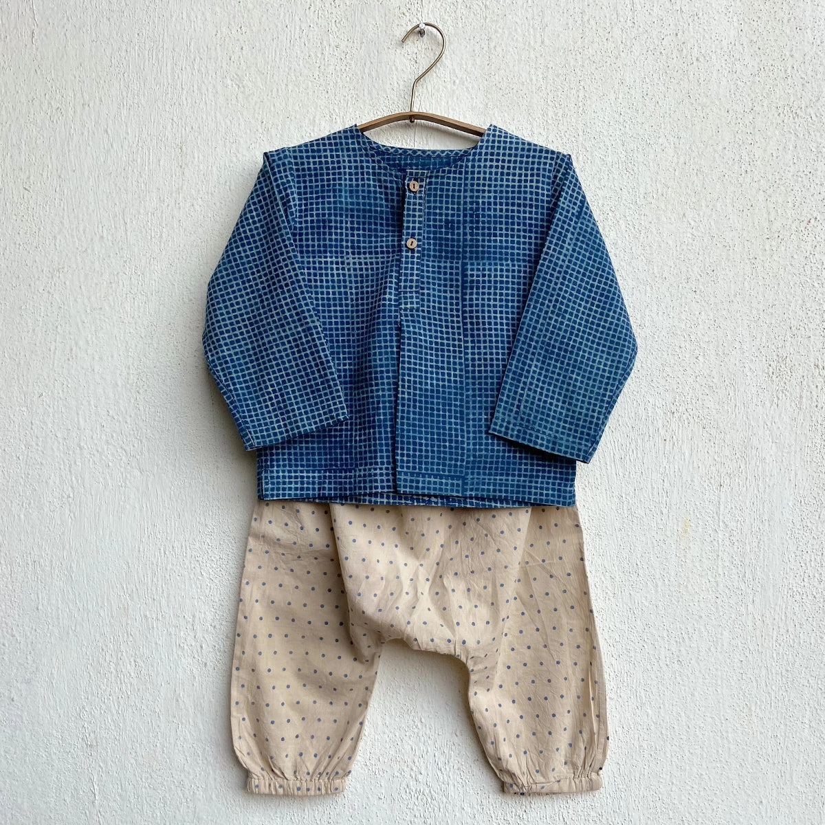 Organic Cotton Unisex Indigo Checks Kurta and Indigo Raidana Pajama Pants Set