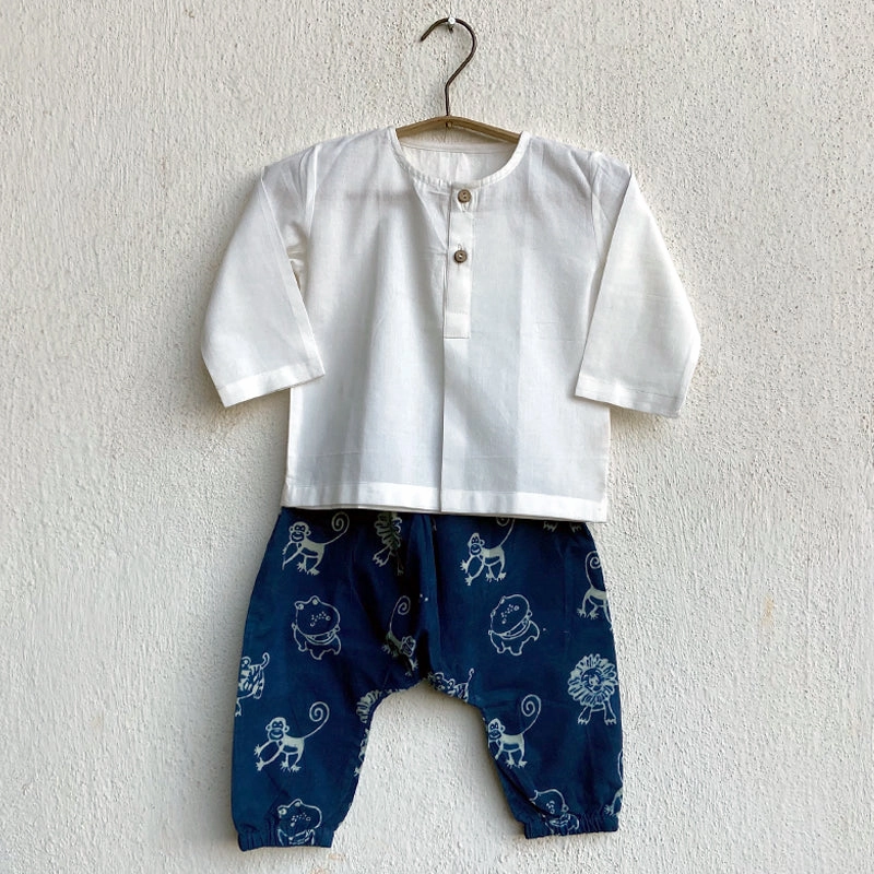 Organic Cotton Unisex Zoo Bag for Babies - Indigo Zoo Kurta and Essential White Kurta with Indigo Zoo Pyjama Pants Set