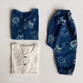 Organic Cotton Unisex Zoo Bag for Babies - Indigo Zoo Kurta and Essential White Kurta with Indigo Zoo Pyjama Pants Set