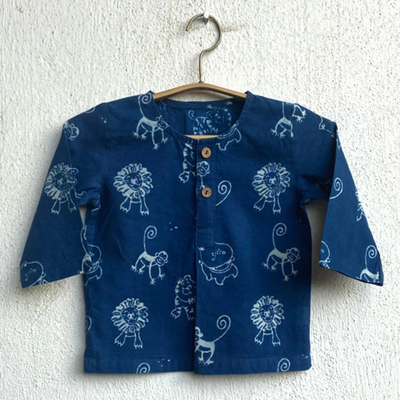 Organic Cotton Unisex Zoo Bag for Babies - Indigo Zoo Kurta and Essential White Kurta with Indigo Zoo Pyjama Pants Set