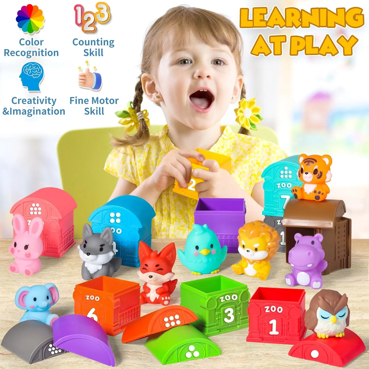 Oriate Animal Toddler Learning Toys, Sensory Learning Toy Safari Animal for Counting Sorting, Zoo Animals Educational Finger Puppets Stacking Montessori Toys, Kids Birthday Gift 20Pcs 12M 