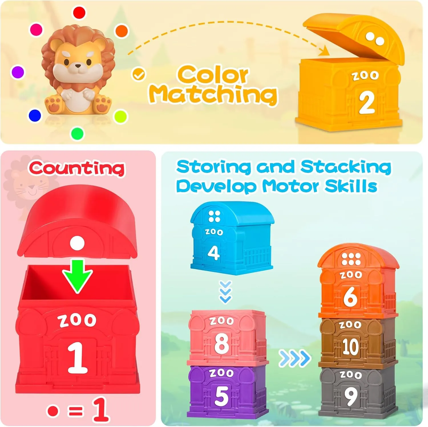 Oriate Animal Toddler Learning Toys, Sensory Learning Toy Safari Animal for Counting Sorting, Zoo Animals Educational Finger Puppets Stacking Montessori Toys, Kids Birthday Gift 20Pcs 12M 